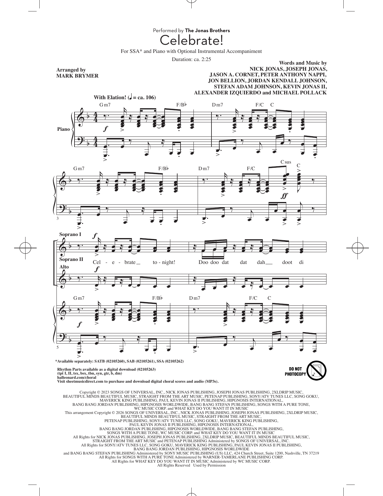 Jonas Brothers Celebrate! (arr. Mark Brymer) sheet music notes and chords arranged for SSA Choir