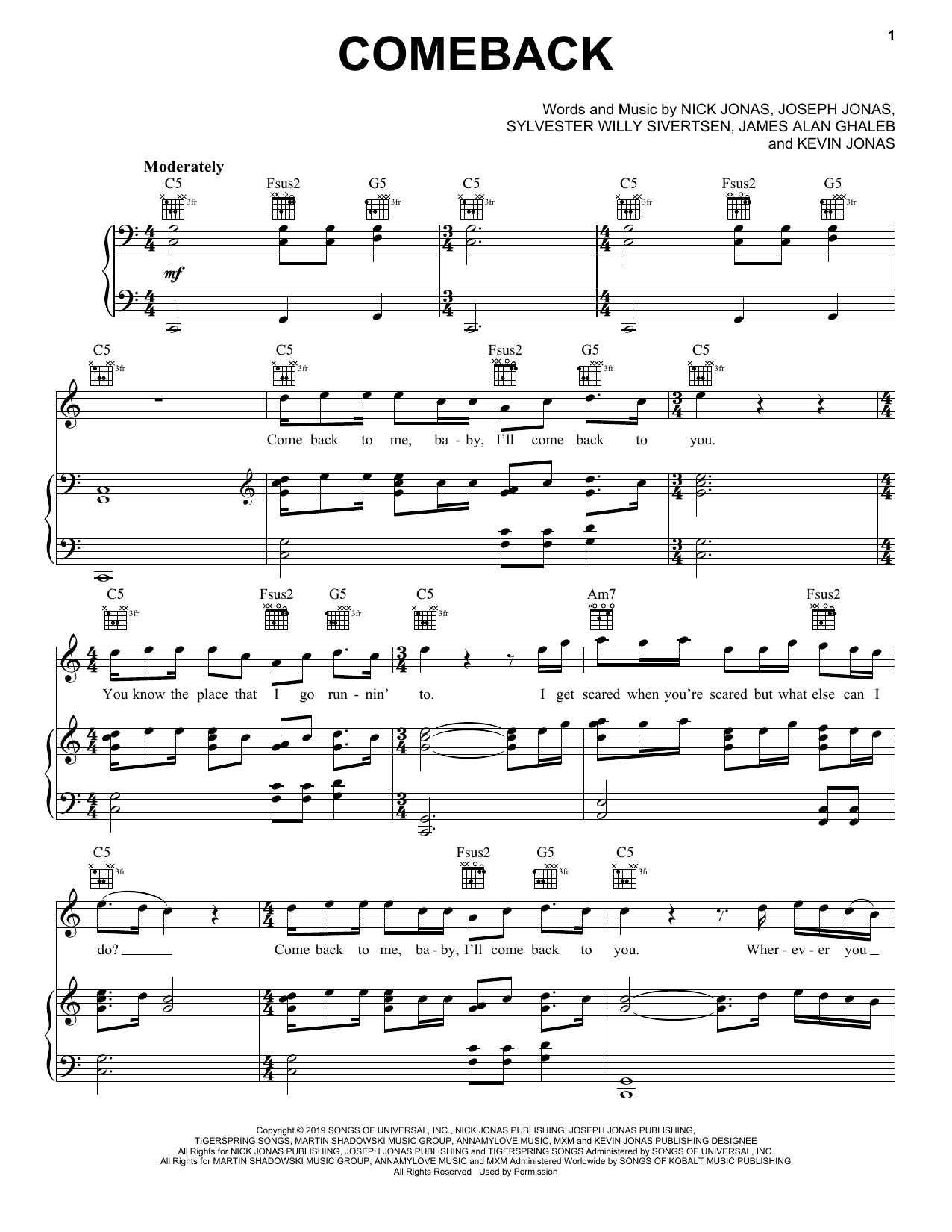 Jonas Brothers Comeback sheet music notes and chords arranged for Piano, Vocal & Guitar Chords (Right-Hand Melody)
