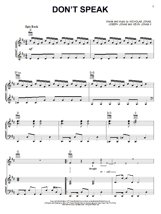Jonas Brothers Don't Speak sheet music notes and chords arranged for Easy Piano