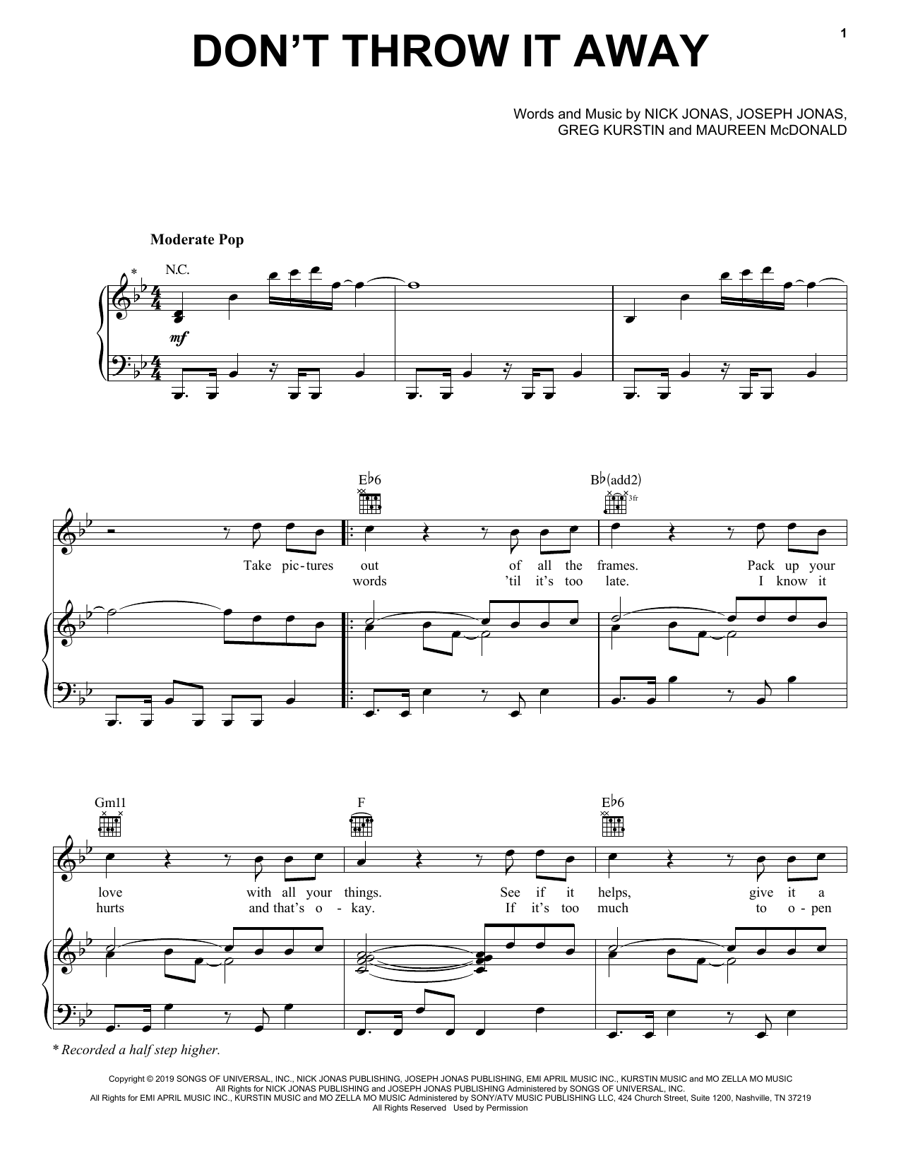 Jonas Brothers Don't Throw It Away sheet music notes and chords arranged for Piano, Vocal & Guitar Chords (Right-Hand Melody)