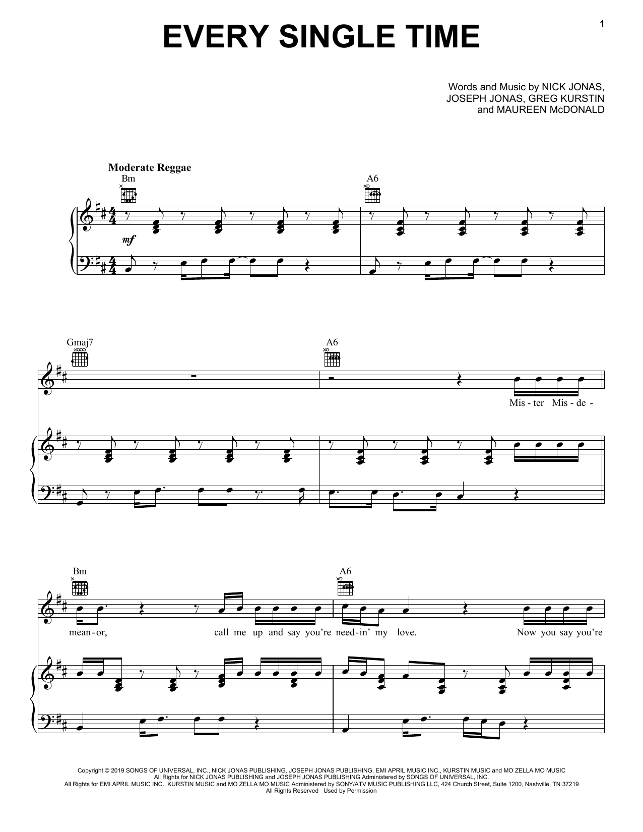 Jonas Brothers Every Single Time sheet music notes and chords arranged for Piano, Vocal & Guitar Chords (Right-Hand Melody)