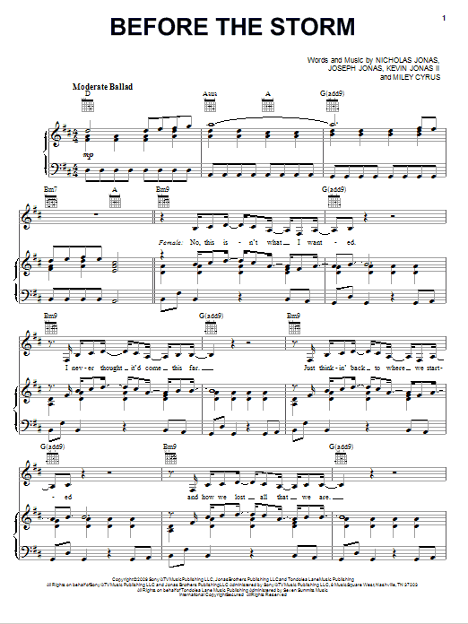 Jonas Brothers featuring Miley Cyrus Before The Storm sheet music notes and chords arranged for Easy Piano