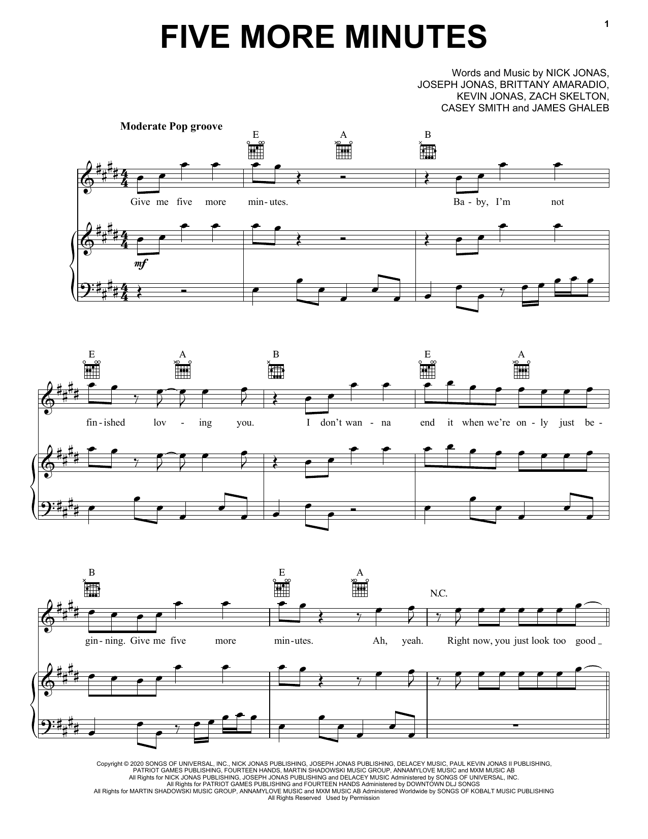 Jonas Brothers Five More Minutes sheet music notes and chords arranged for Piano, Vocal & Guitar Chords (Right-Hand Melody)