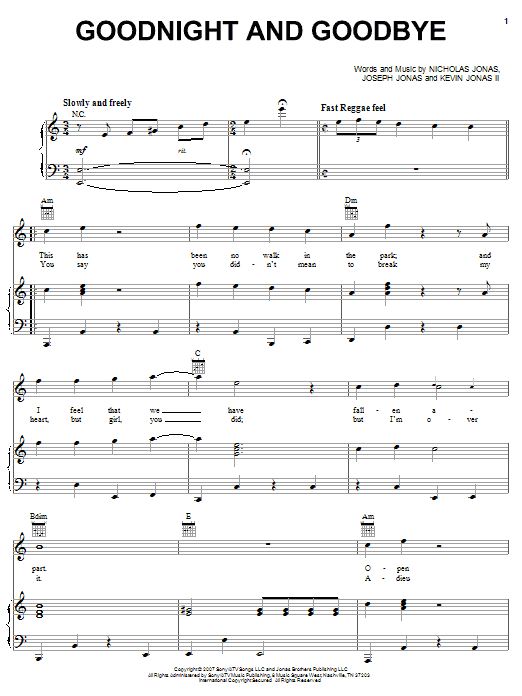 Jonas Brothers Goodnight And Goodbye sheet music notes and chords arranged for Easy Piano