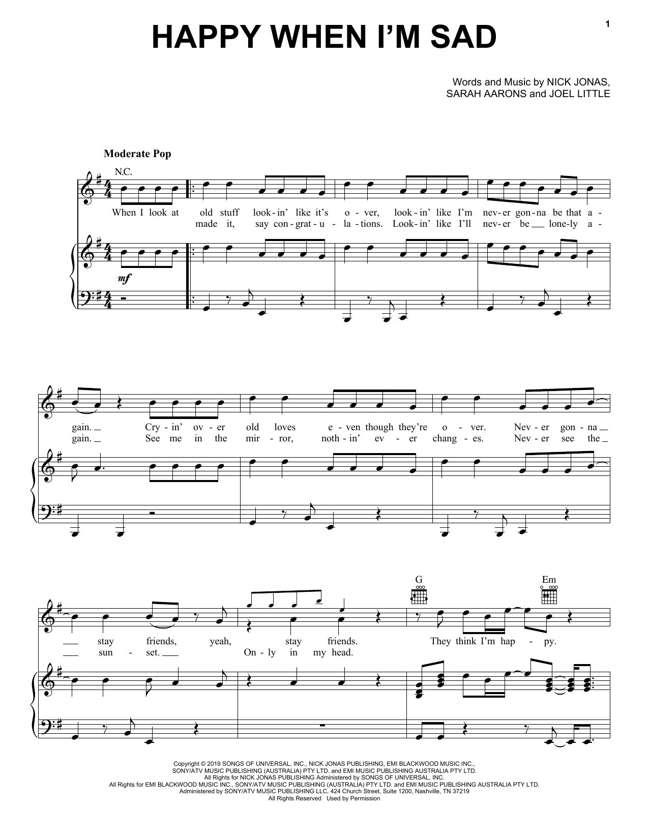 Jonas Brothers Happy When I'm Sad sheet music notes and chords arranged for Piano, Vocal & Guitar Chords (Right-Hand Melody)