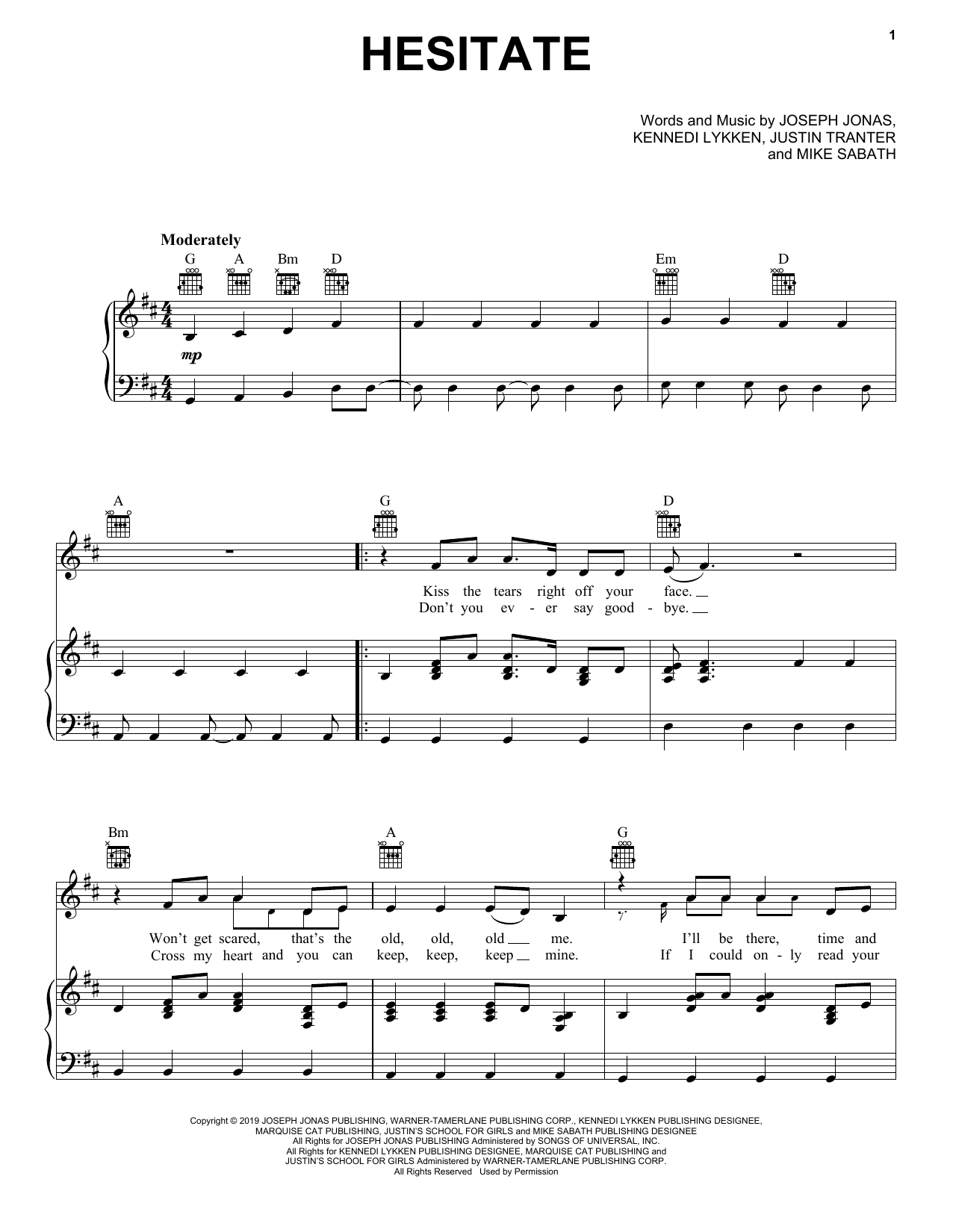 Jonas Brothers Hesitate sheet music notes and chords arranged for Piano, Vocal & Guitar Chords (Right-Hand Melody)