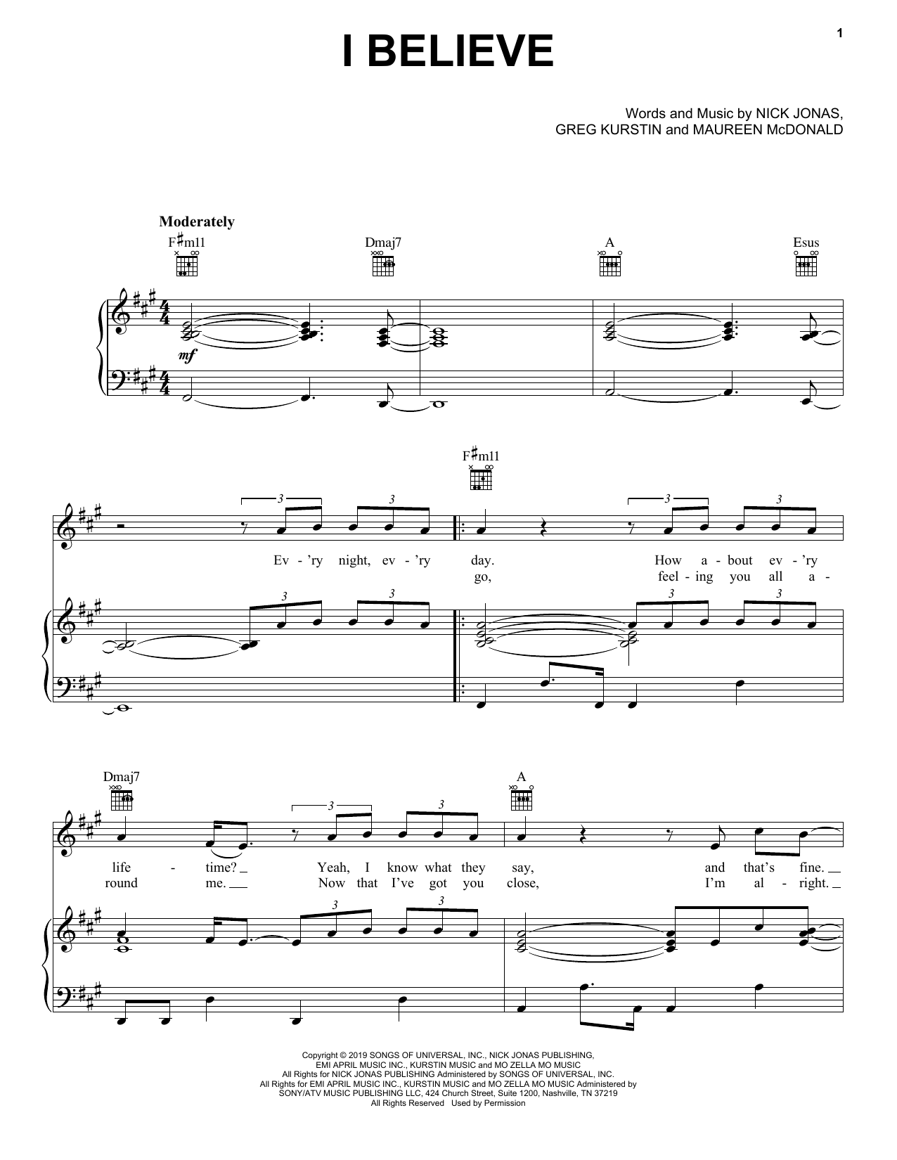 Jonas Brothers I Believe sheet music notes and chords arranged for Piano, Vocal & Guitar Chords (Right-Hand Melody)