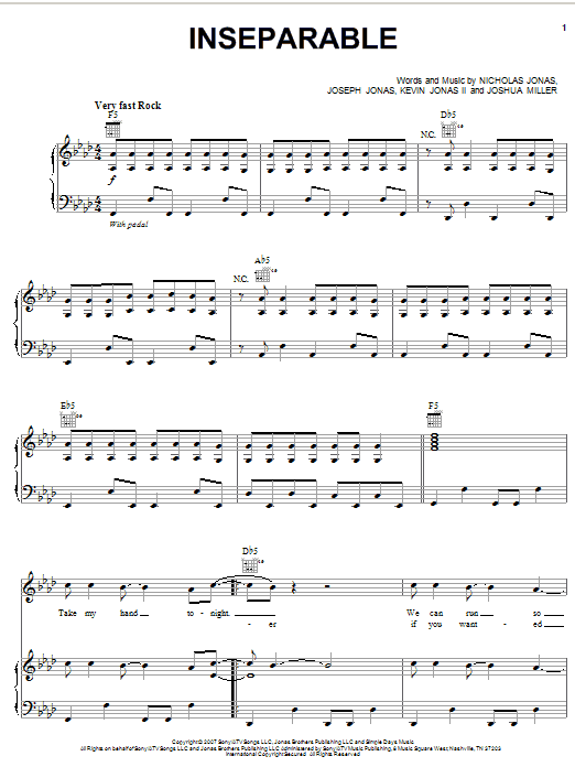 Jonas Brothers Inseparable sheet music notes and chords arranged for Piano, Vocal & Guitar Chords (Right-Hand Melody)