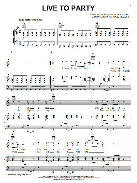 Jonas Brothers Live To Party sheet music notes and chords arranged for Piano, Vocal & Guitar Chords (Right-Hand Melody)