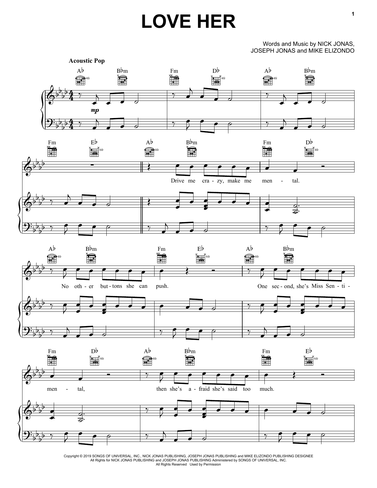 Jonas Brothers Love Her sheet music notes and chords arranged for Piano, Vocal & Guitar Chords (Right-Hand Melody)
