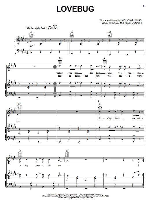 Jonas Brothers Lovebug sheet music notes and chords arranged for Piano, Vocal & Guitar Chords (Right-Hand Melody)