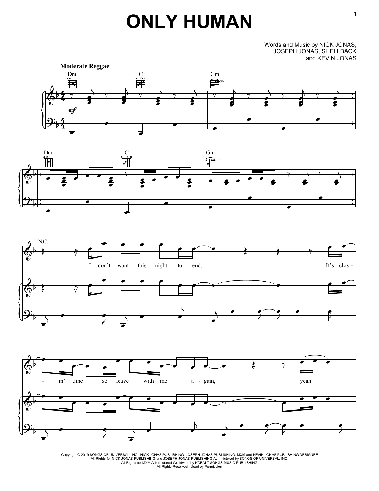 Jonas Brothers Only Human sheet music notes and chords arranged for Big Note Piano