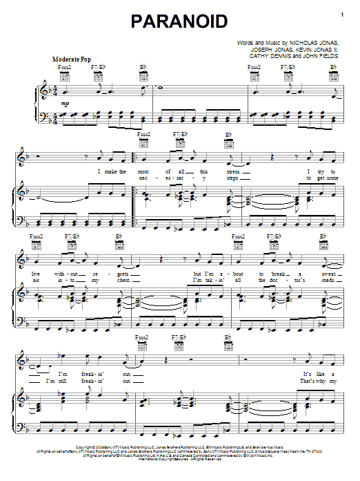 Jonas Brothers Paranoid sheet music notes and chords arranged for Piano, Vocal & Guitar Chords (Right-Hand Melody)