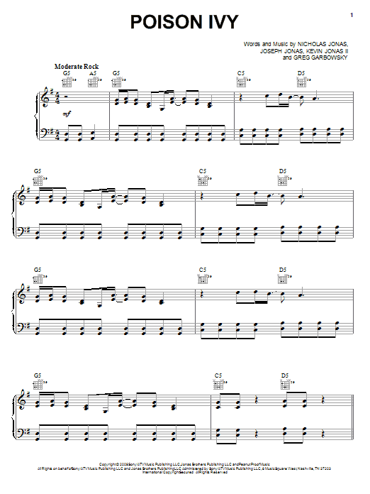 Jonas Brothers Poison Ivy sheet music notes and chords arranged for Piano, Vocal & Guitar Chords (Right-Hand Melody)
