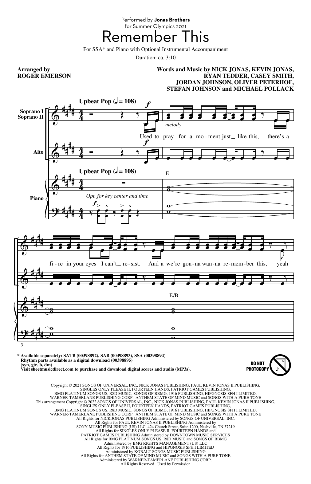 Jonas Brothers Remember This (arr. Roger Emerson) sheet music notes and chords arranged for SAB Choir