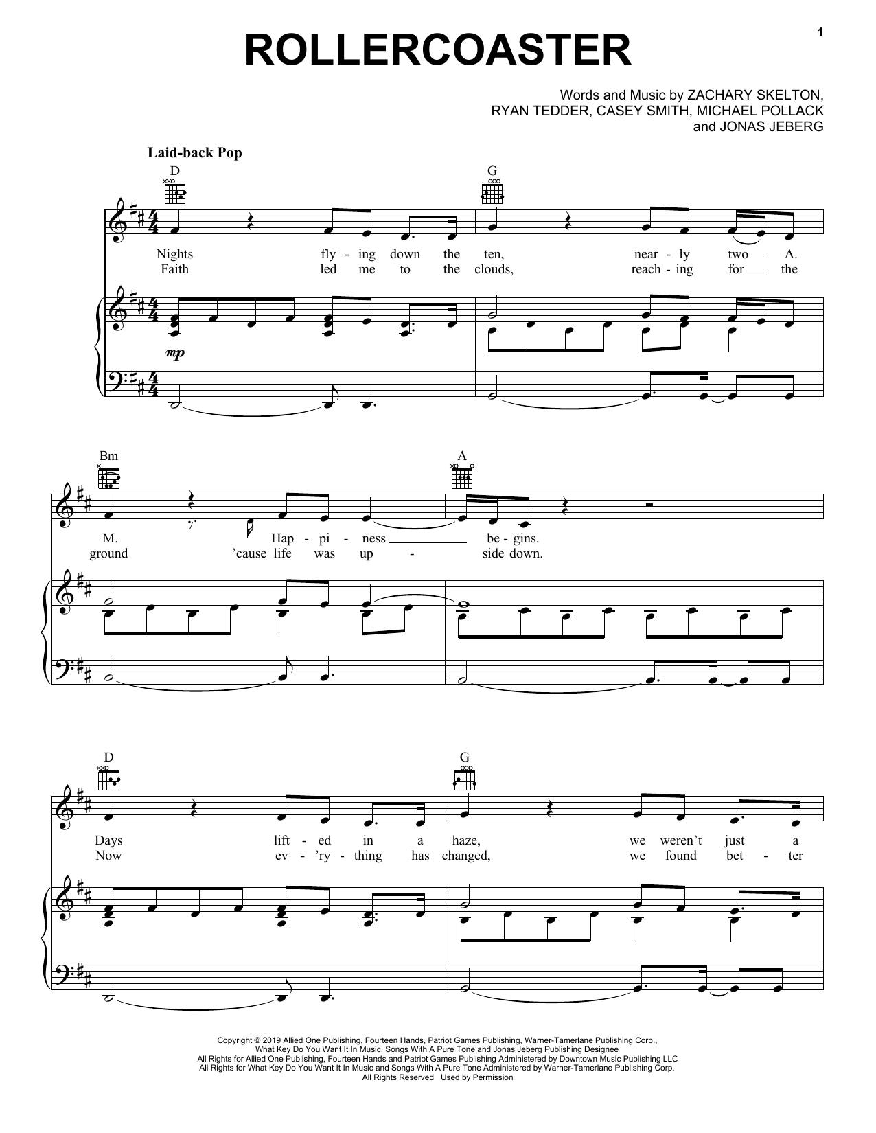Jonas Brothers Rollercoaster sheet music notes and chords arranged for Piano, Vocal & Guitar Chords (Right-Hand Melody)