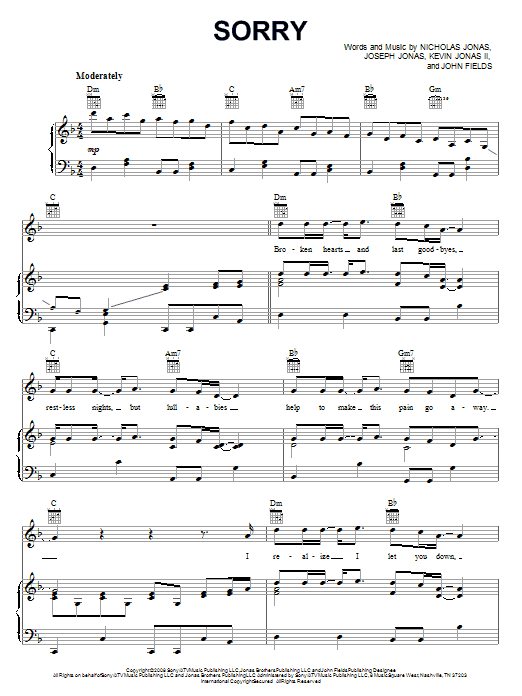 Jonas Brothers Sorry sheet music notes and chords arranged for Piano, Vocal & Guitar Chords (Right-Hand Melody)