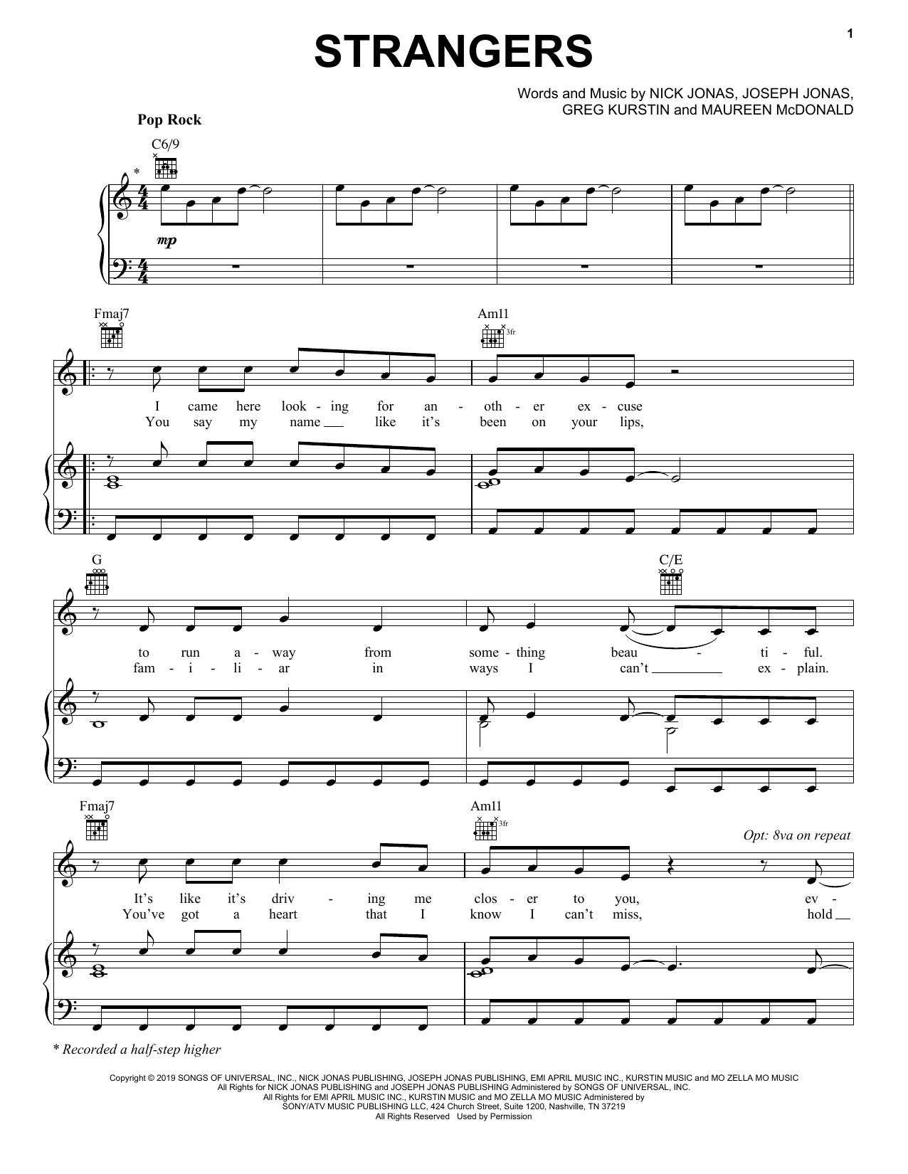 Jonas Brothers Strangers sheet music notes and chords arranged for Piano, Vocal & Guitar Chords (Right-Hand Melody)
