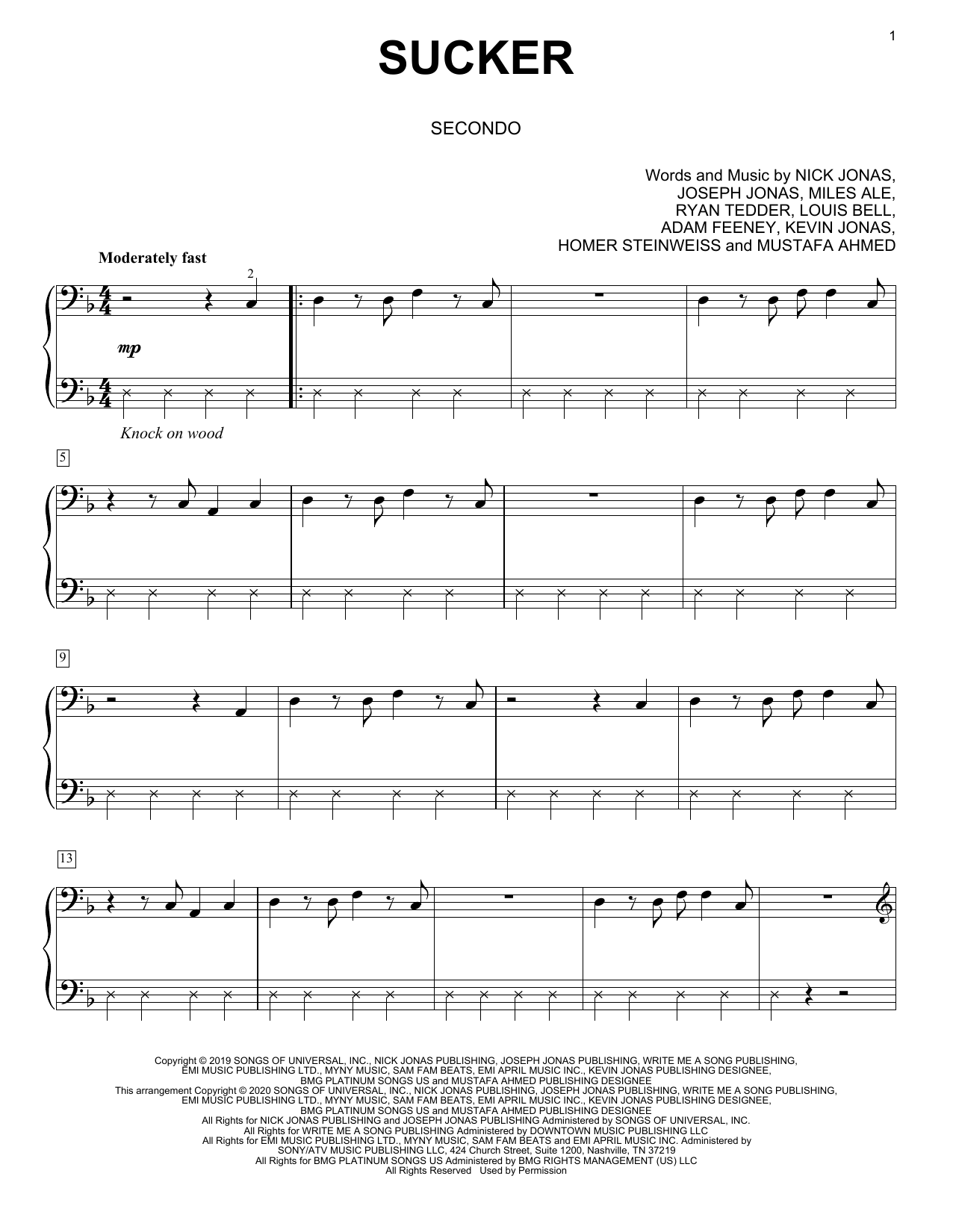 Jonas Brothers Sucker (arr. David Pearl) sheet music notes and chords arranged for Piano Duet