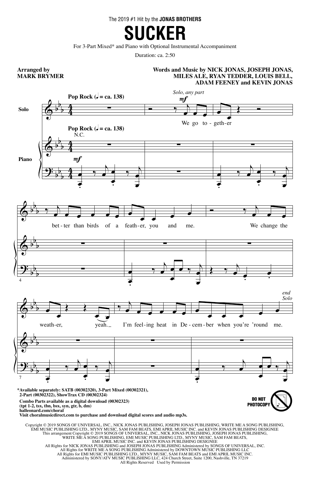 Jonas Brothers Sucker (arr. Mark Brymer) sheet music notes and chords arranged for 3-Part Mixed Choir