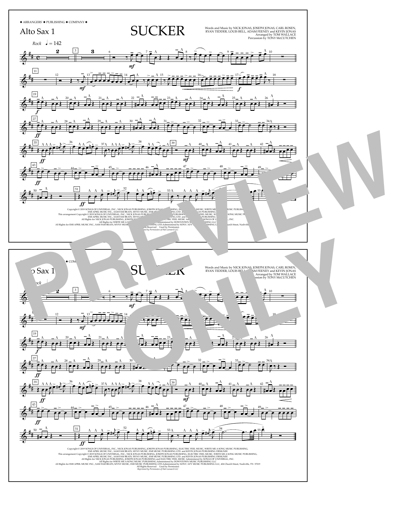 Jonas Brothers Sucker (arr. Tom Wallace) - Alto Sax 1 sheet music notes and chords arranged for Marching Band