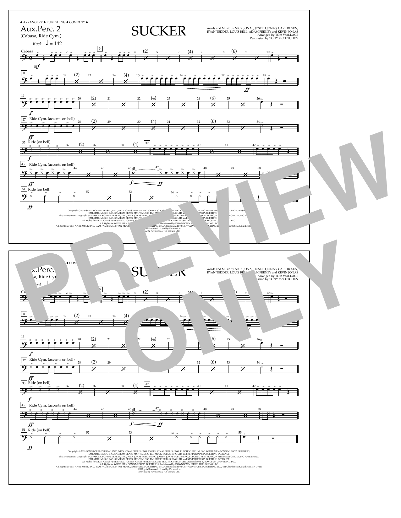 Jonas Brothers Sucker (arr. Tom Wallace) - Aux. Perc. 2 sheet music notes and chords arranged for Marching Band