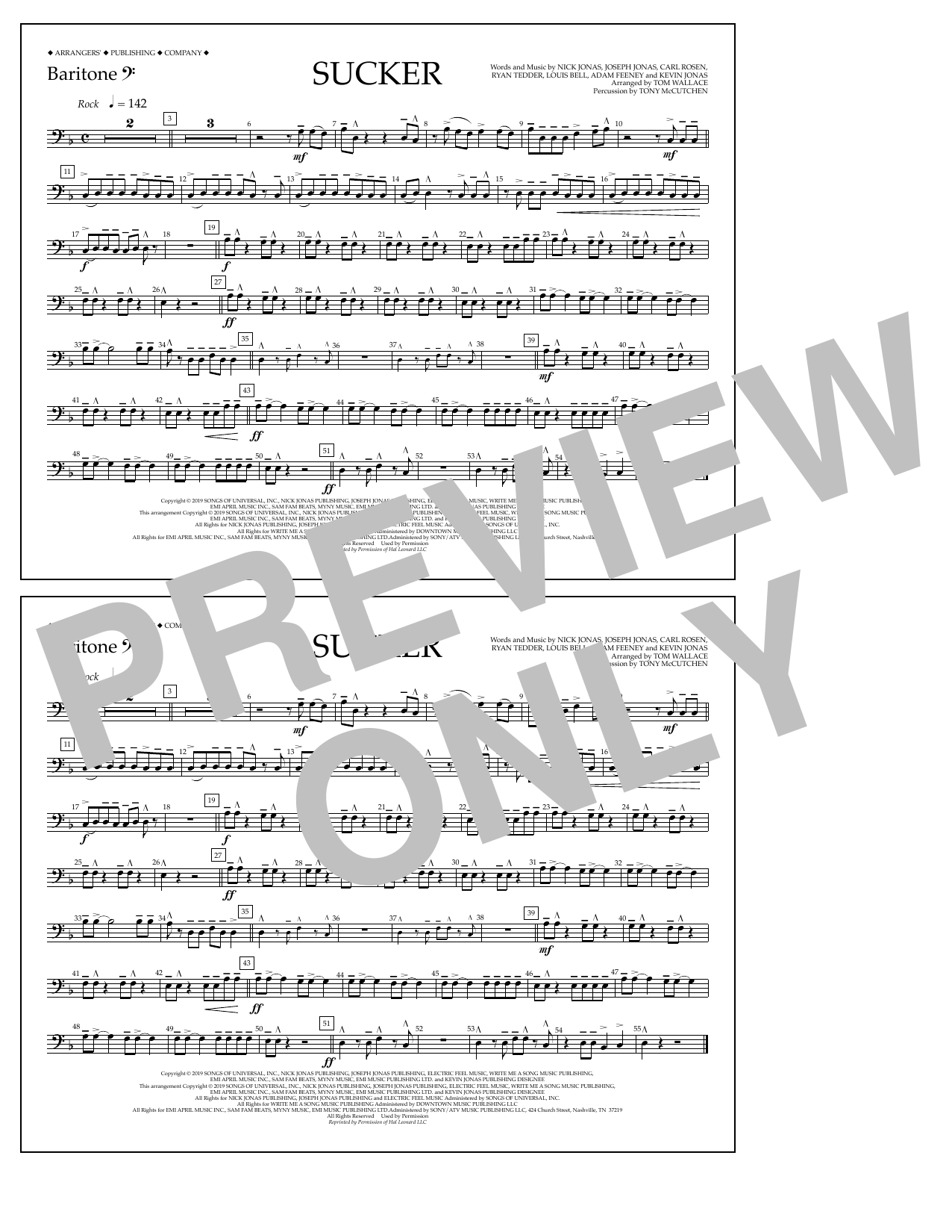 Jonas Brothers Sucker (arr. Tom Wallace) - Baritone B.C. sheet music notes and chords arranged for Marching Band