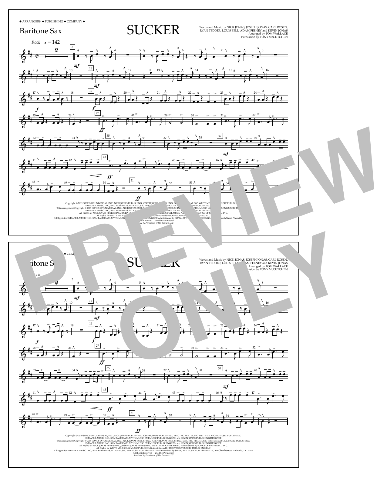 Jonas Brothers Sucker (arr. Tom Wallace) - Baritone Sax sheet music notes and chords arranged for Marching Band