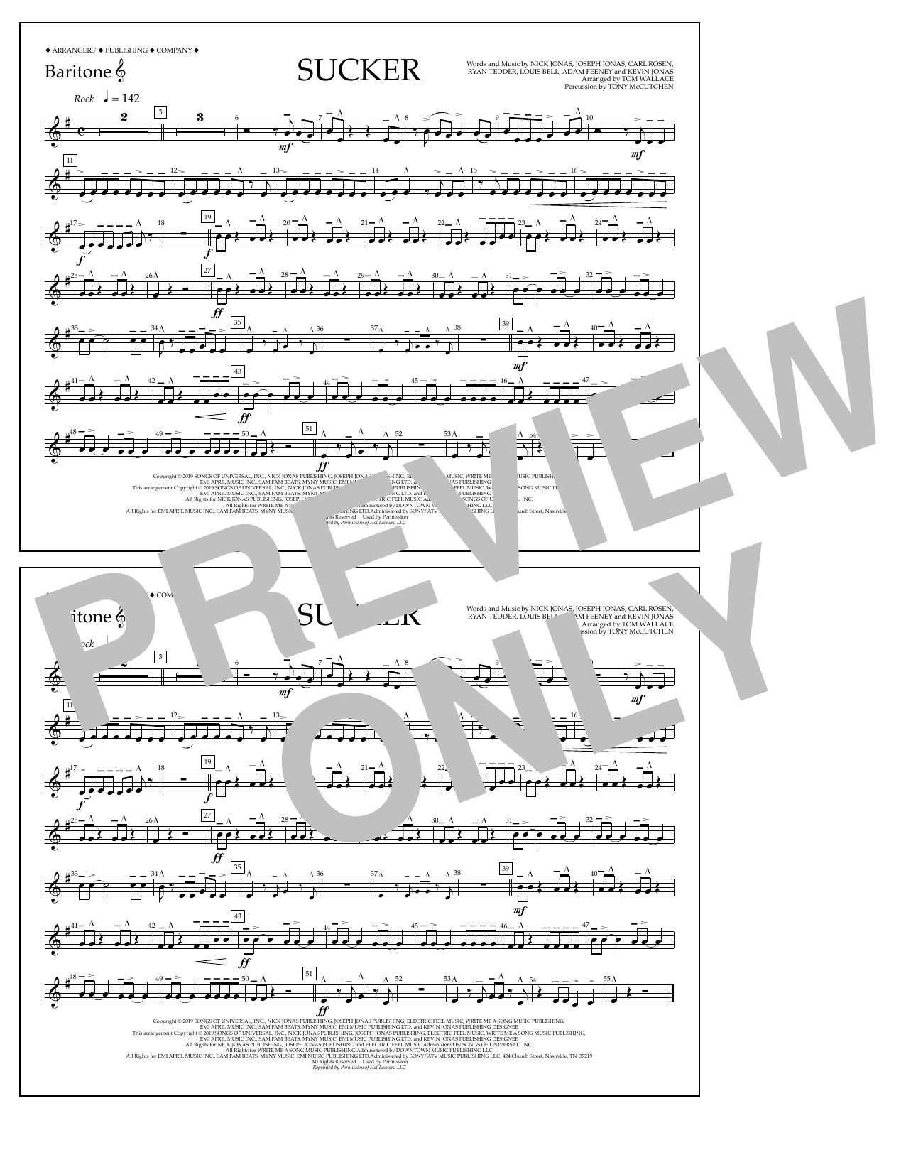 Jonas Brothers Sucker (arr. Tom Wallace) - Baritone T.C. sheet music notes and chords arranged for Marching Band