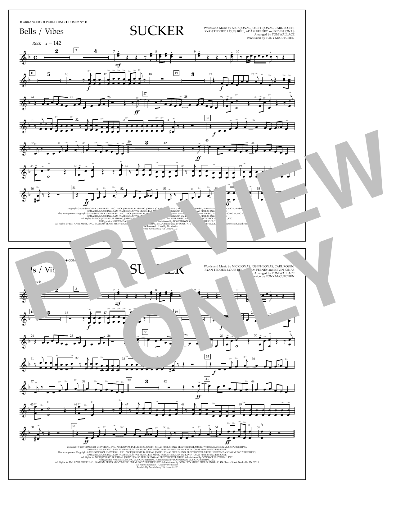 Jonas Brothers Sucker (arr. Tom Wallace) - Bells/Vibes sheet music notes and chords arranged for Marching Band