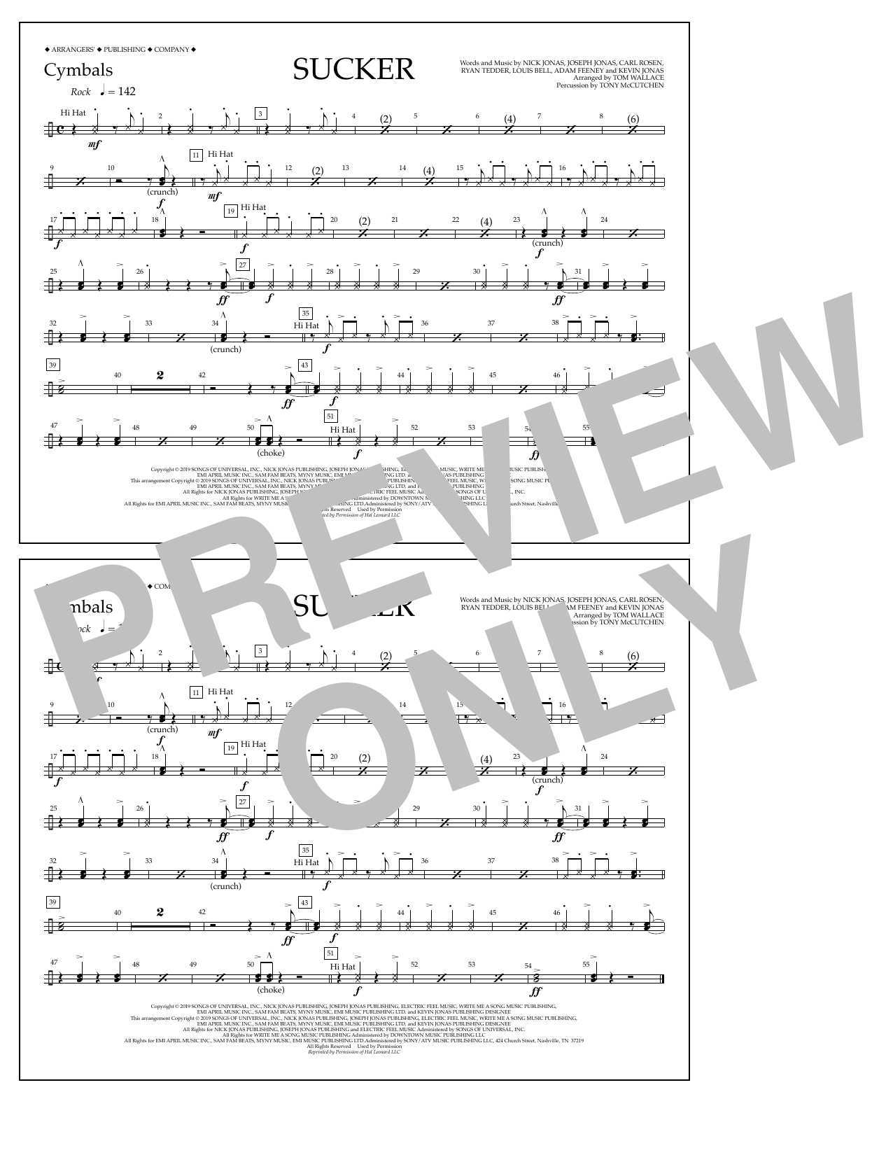 Jonas Brothers Sucker (arr. Tom Wallace) - Cymbals sheet music notes and chords arranged for Marching Band