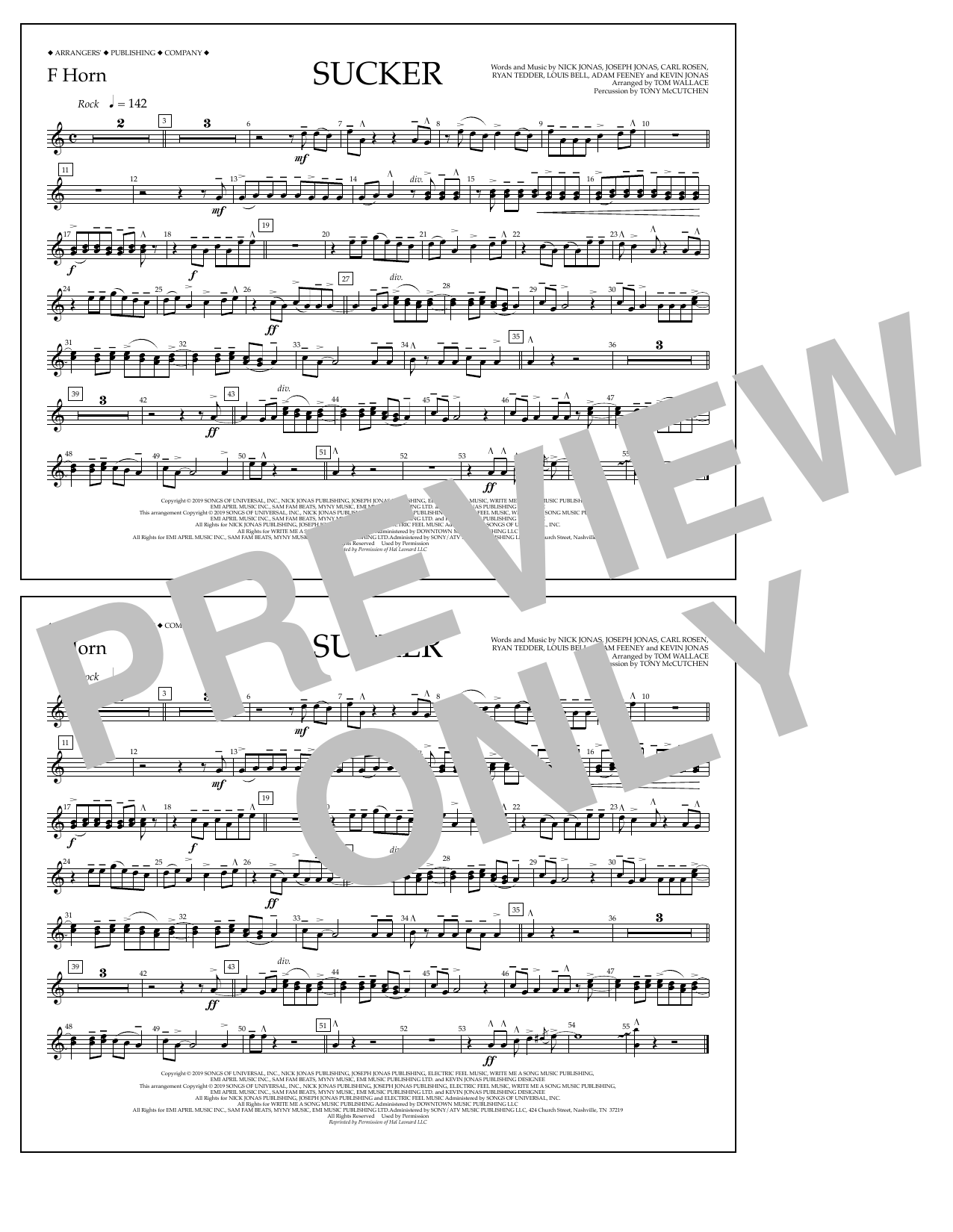 Jonas Brothers Sucker (arr. Tom Wallace) - F Horn sheet music notes and chords arranged for Marching Band