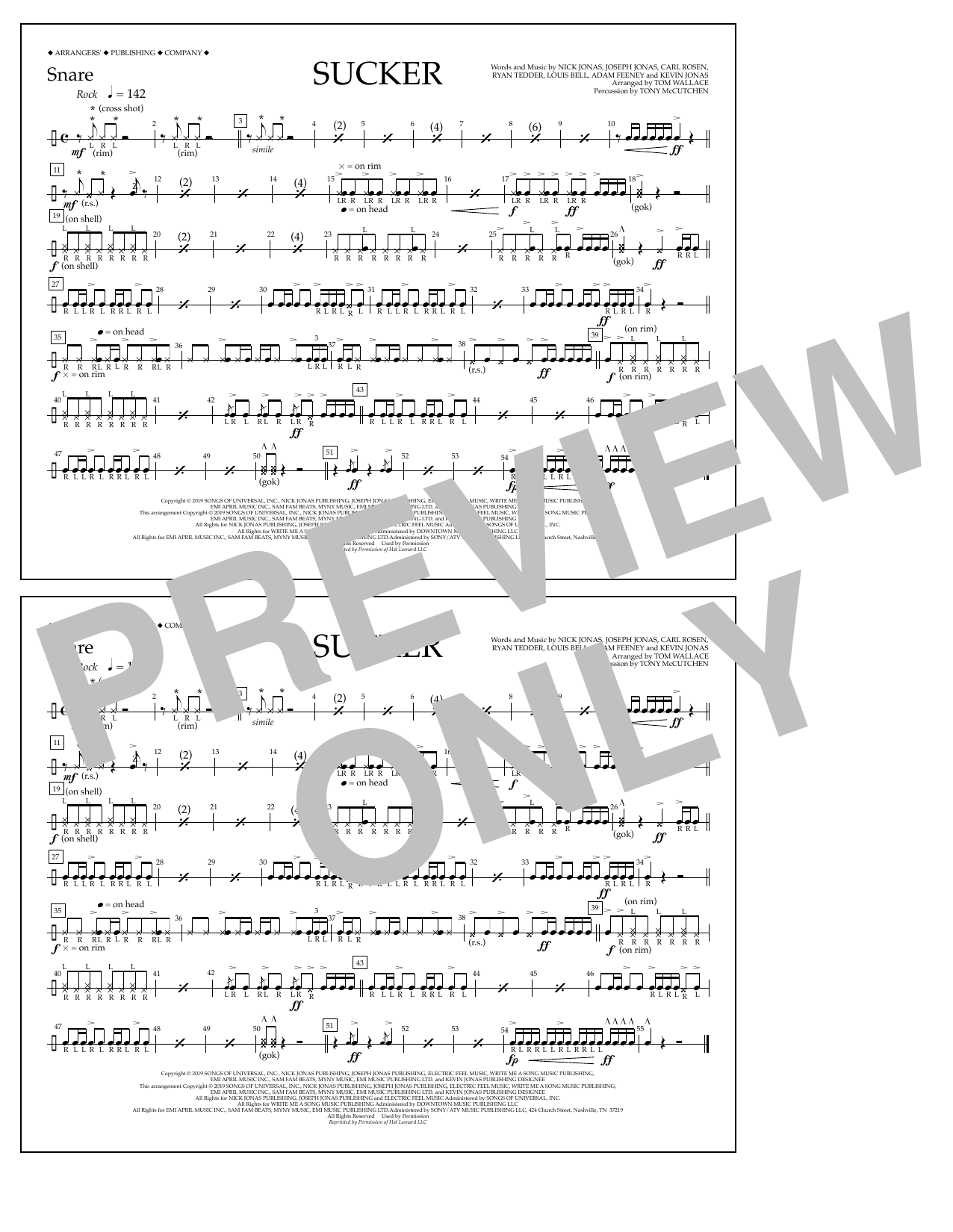 Jonas Brothers Sucker (arr. Tom Wallace) - Snare sheet music notes and chords arranged for Marching Band