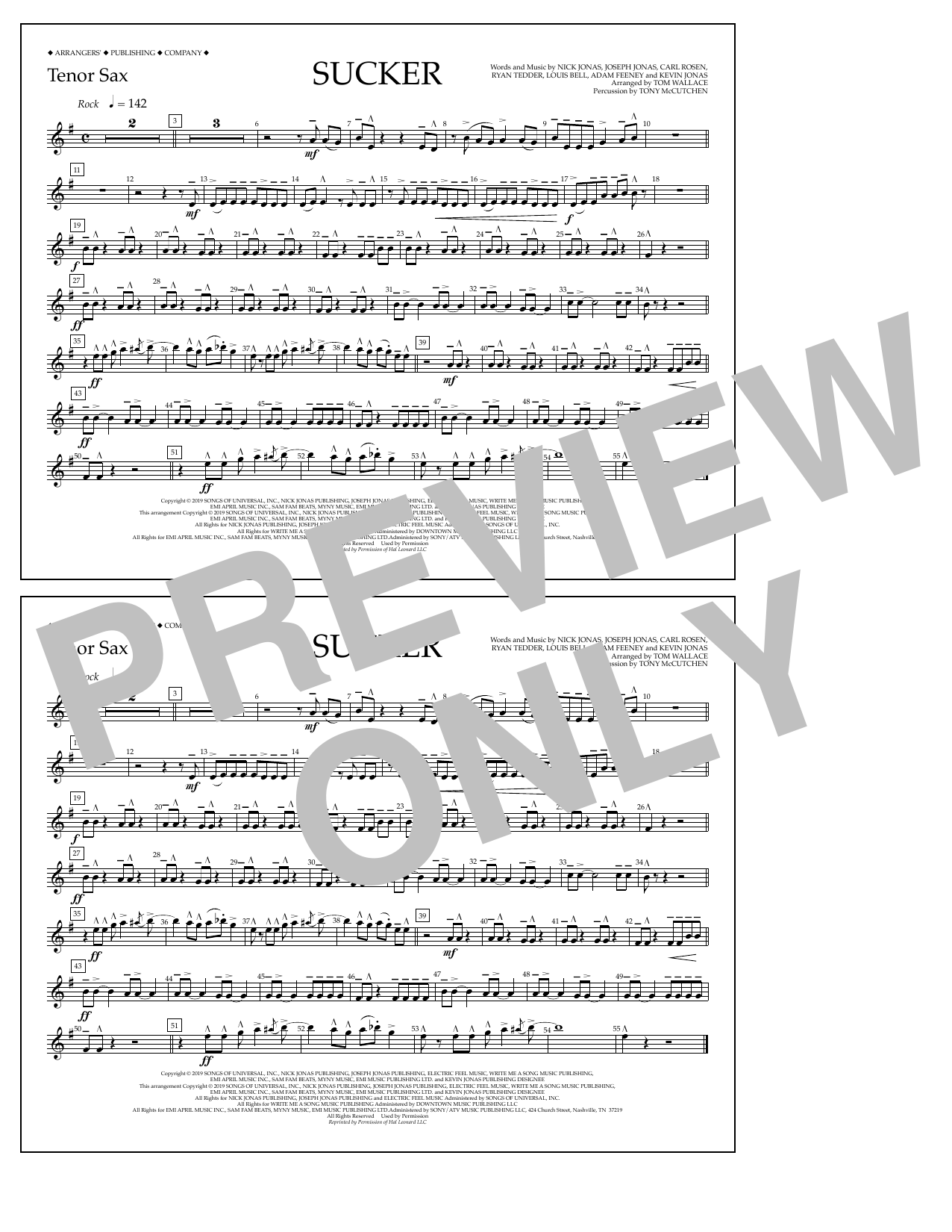 Jonas Brothers Sucker (arr. Tom Wallace) - Tenor Sax sheet music notes and chords arranged for Marching Band