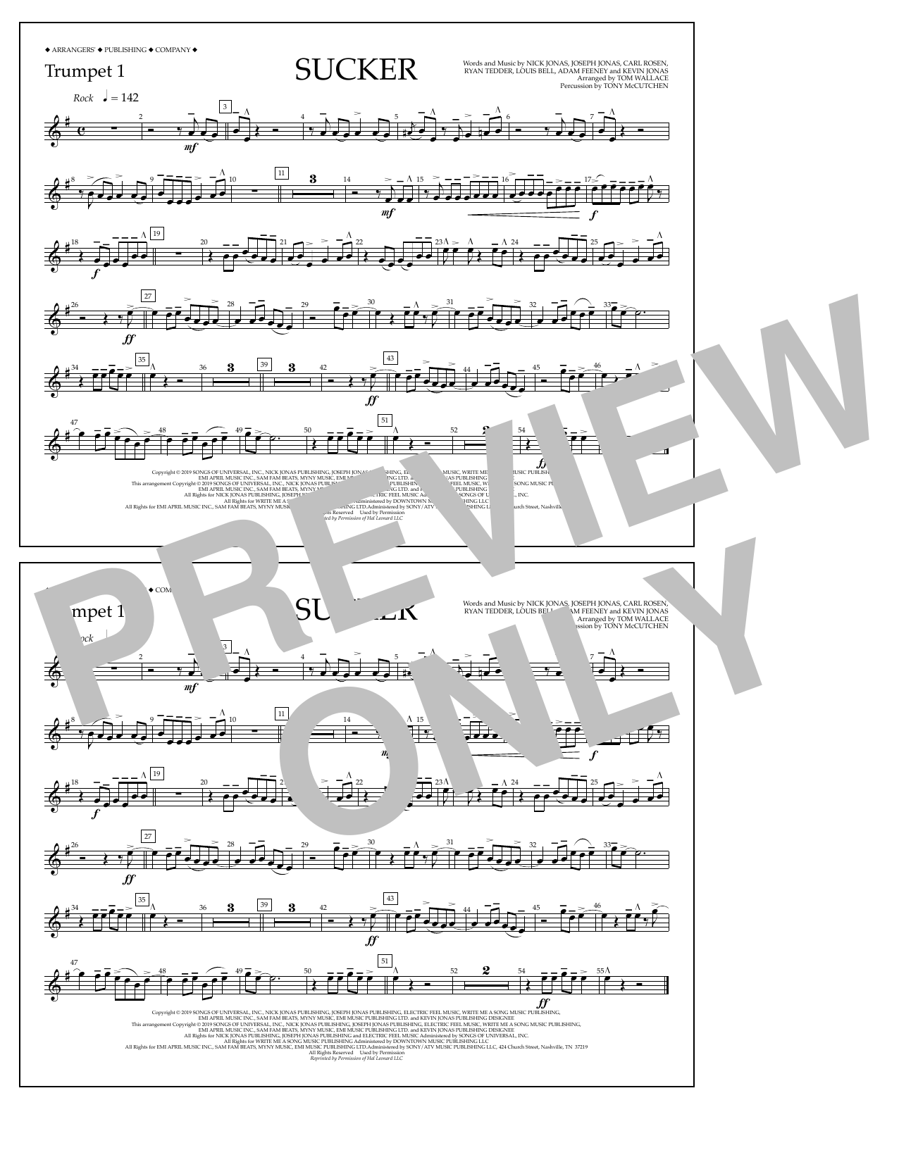 Jonas Brothers Sucker (arr. Tom Wallace) - Trumpet 1 sheet music notes and chords arranged for Marching Band