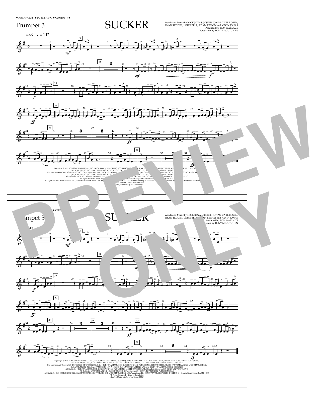 Jonas Brothers Sucker (arr. Tom Wallace) - Trumpet 3 sheet music notes and chords arranged for Marching Band