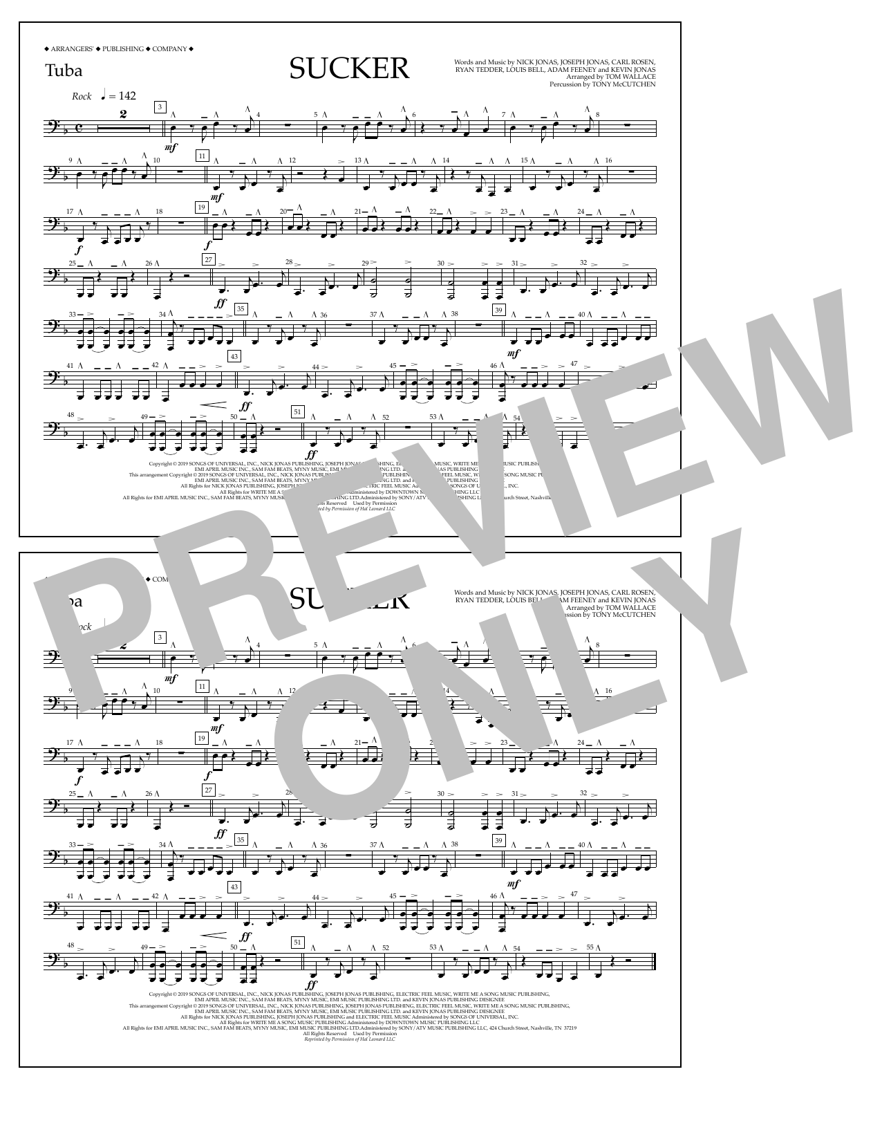 Jonas Brothers Sucker (arr. Tom Wallace) - Tuba sheet music notes and chords arranged for Marching Band