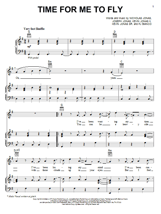 Jonas Brothers Time For Me To Fly sheet music notes and chords arranged for Piano, Vocal & Guitar Chords (Right-Hand Melody)