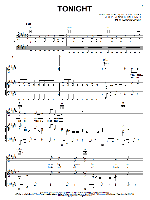 Jonas Brothers Tonight sheet music notes and chords arranged for Piano, Vocal & Guitar Chords (Right-Hand Melody)