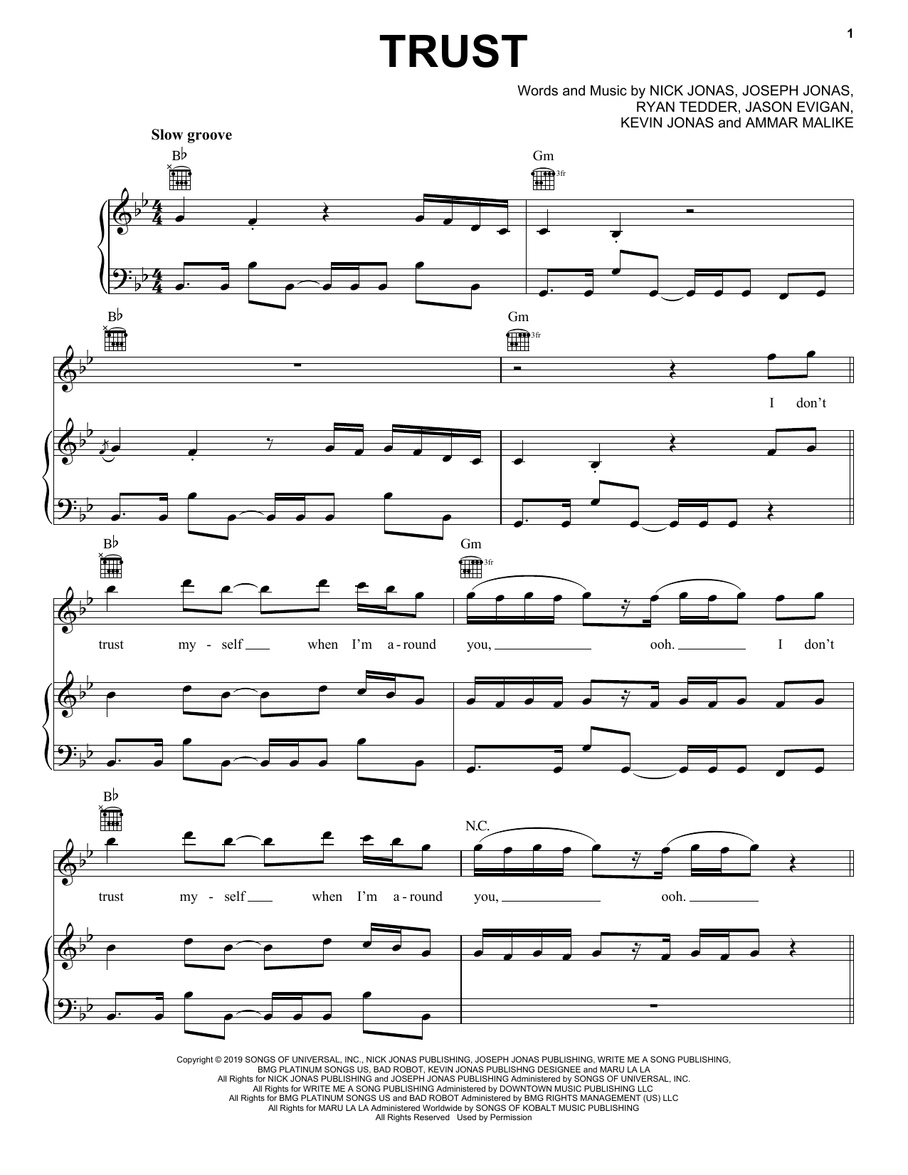 Jonas Brothers Trust sheet music notes and chords arranged for Piano, Vocal & Guitar Chords (Right-Hand Melody)
