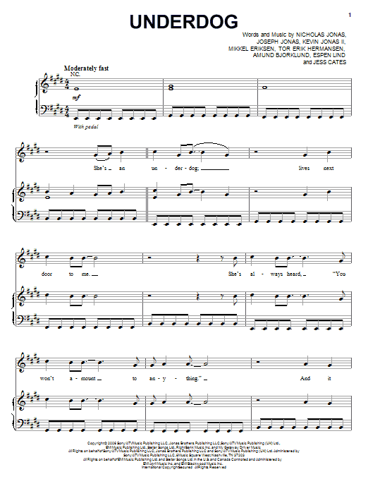 Jonas Brothers Underdog sheet music notes and chords arranged for Piano, Vocal & Guitar Chords (Right-Hand Melody)
