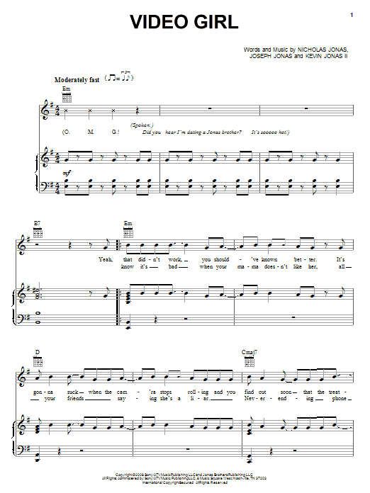 Jonas Brothers Video Girl sheet music notes and chords arranged for Easy Piano