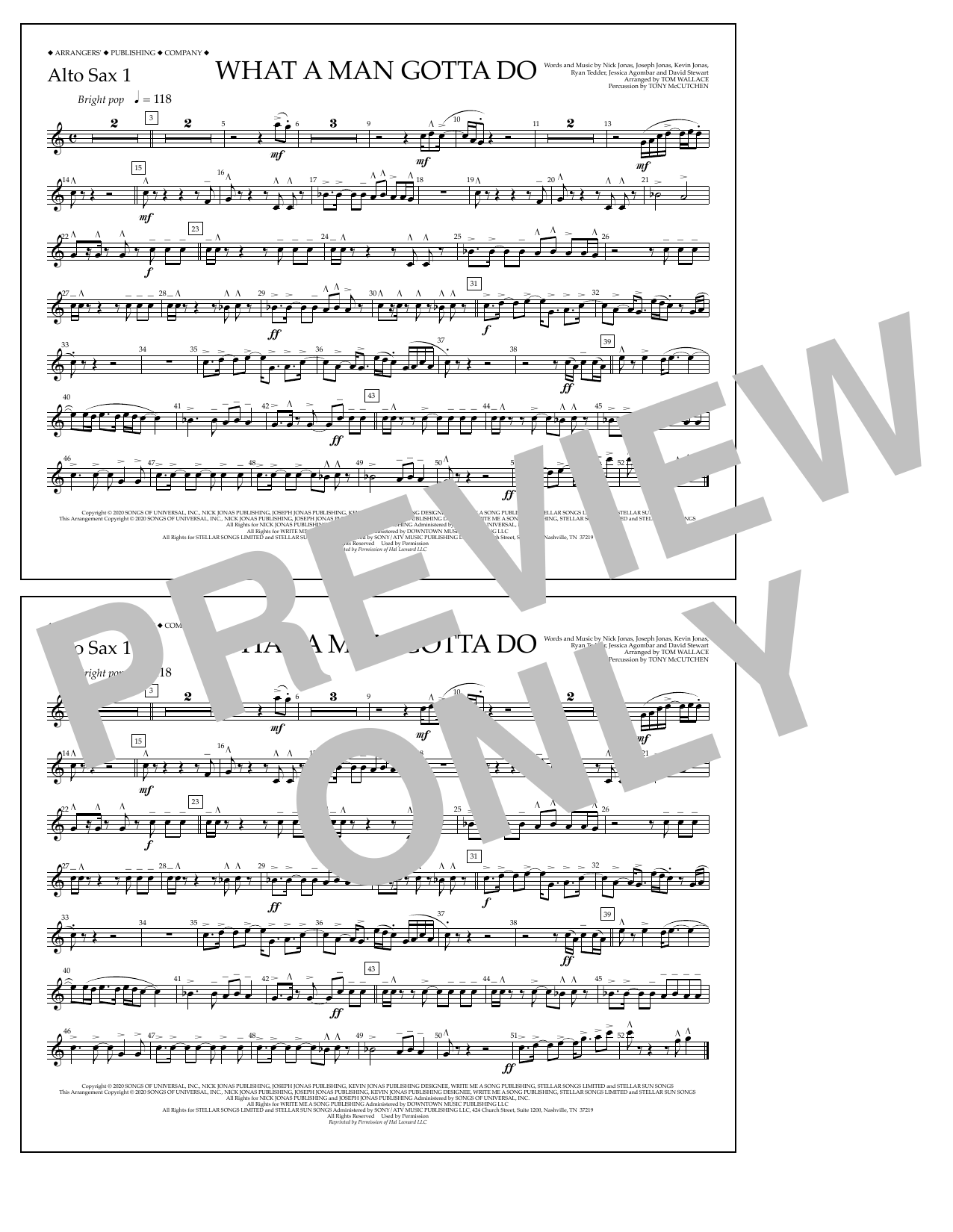 Jonas Brothers What a Man Gotta Do (arr. Tom Wallace) - Alto Sax 1 sheet music notes and chords arranged for Marching Band