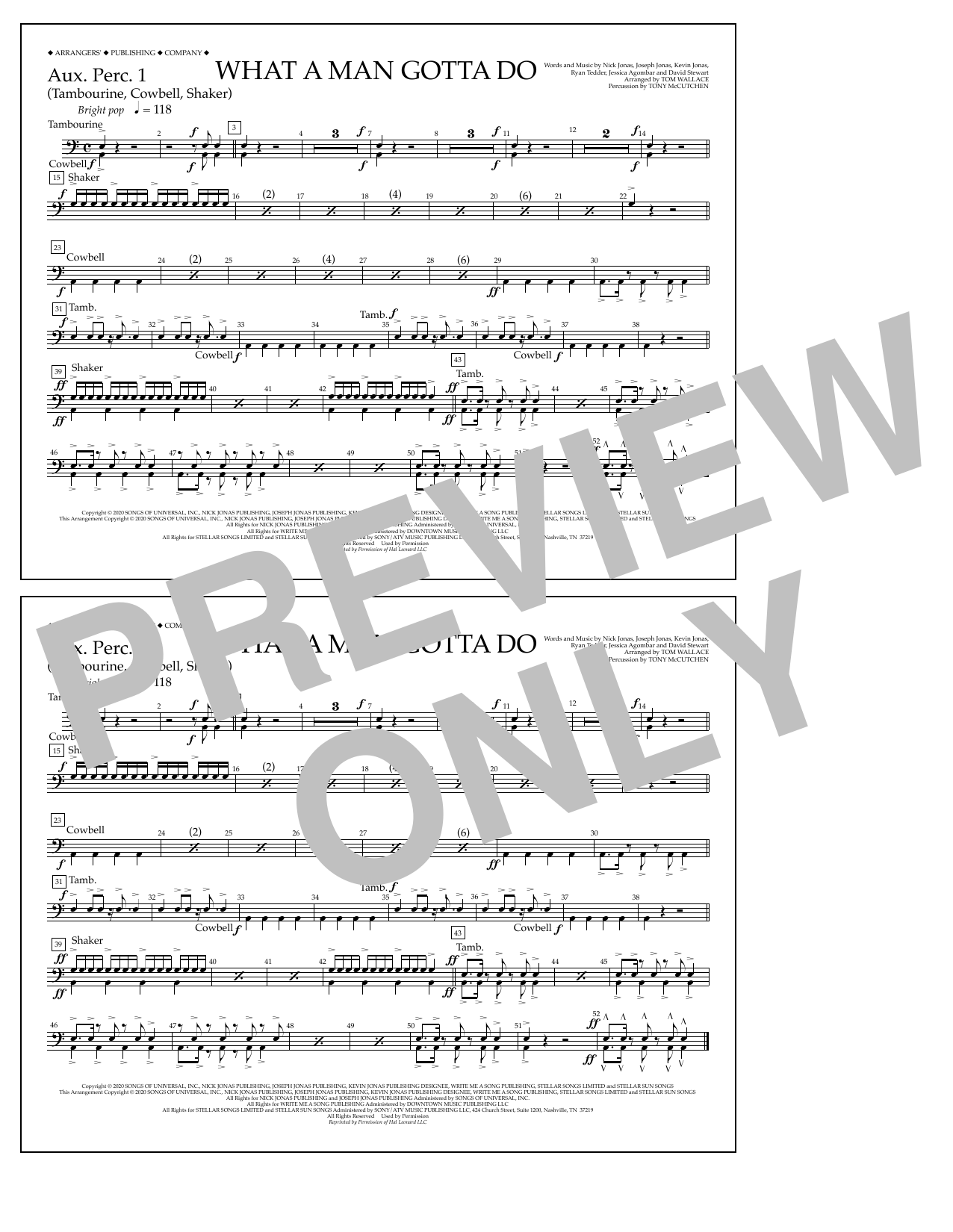Jonas Brothers What a Man Gotta Do (arr. Tom Wallace) - Aux. Perc. 1 sheet music notes and chords arranged for Marching Band