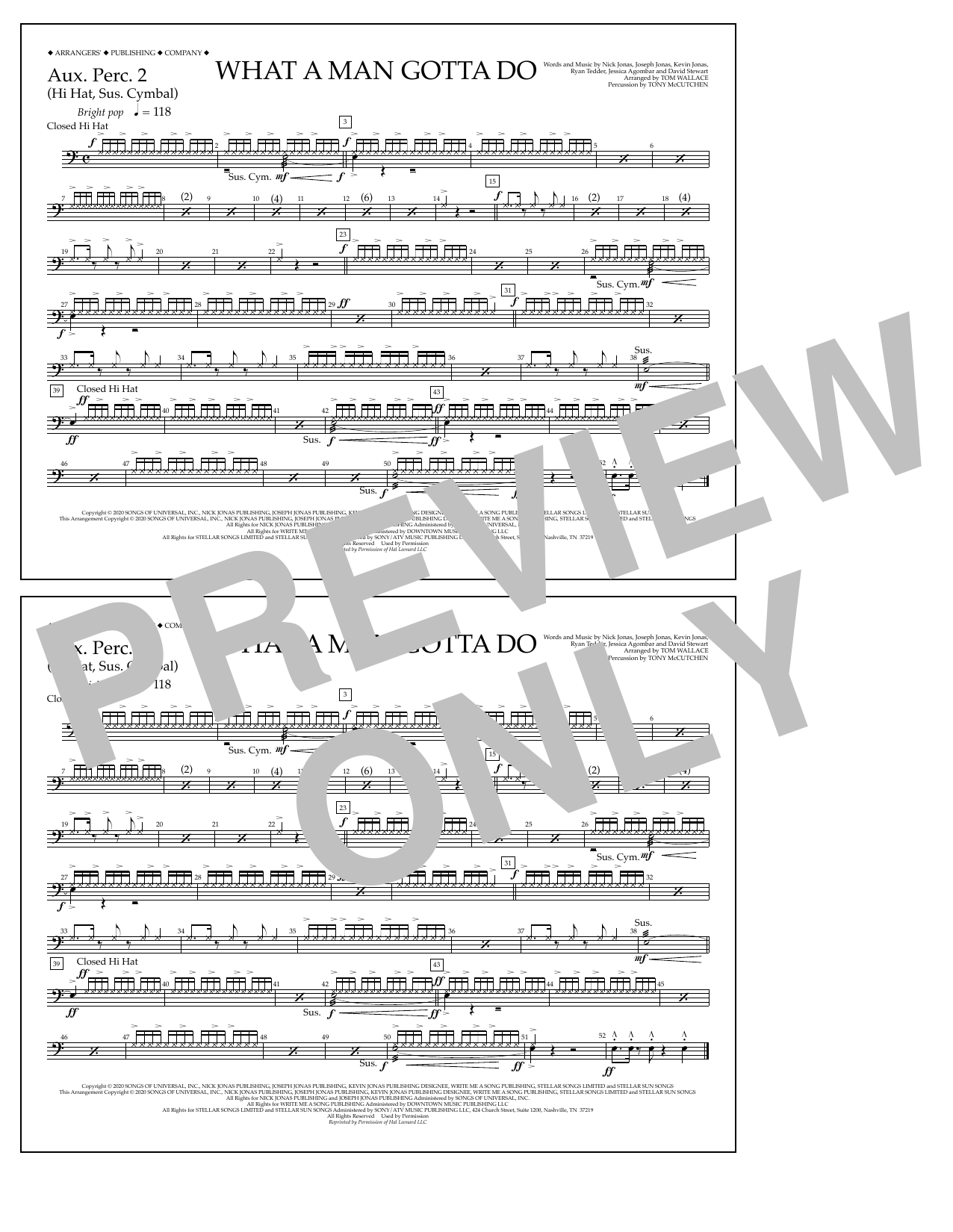 Jonas Brothers What a Man Gotta Do (arr. Tom Wallace) - Aux. Perc. 2 sheet music notes and chords arranged for Marching Band