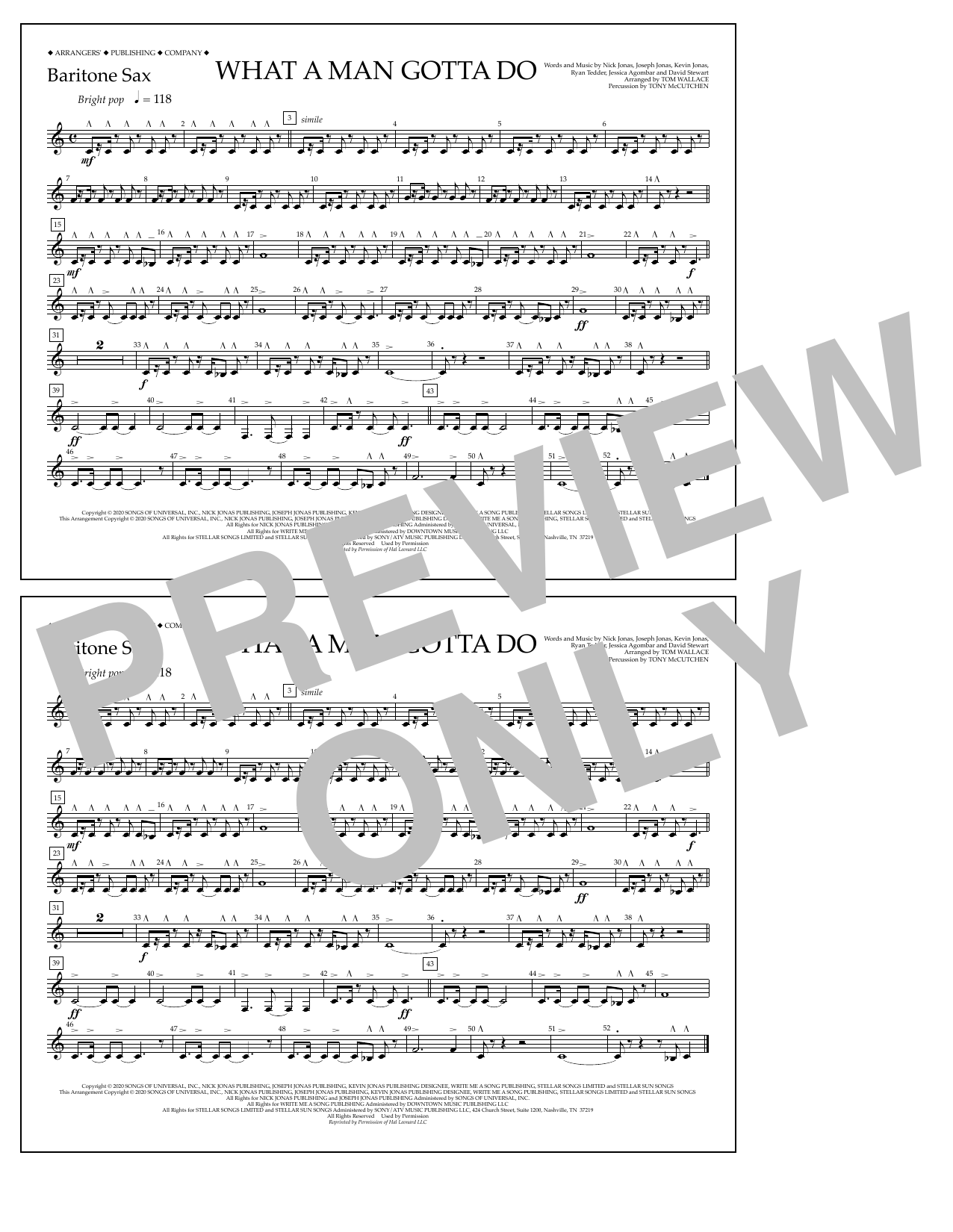 Jonas Brothers What a Man Gotta Do (arr. Tom Wallace) - Baritone Sax sheet music notes and chords arranged for Marching Band