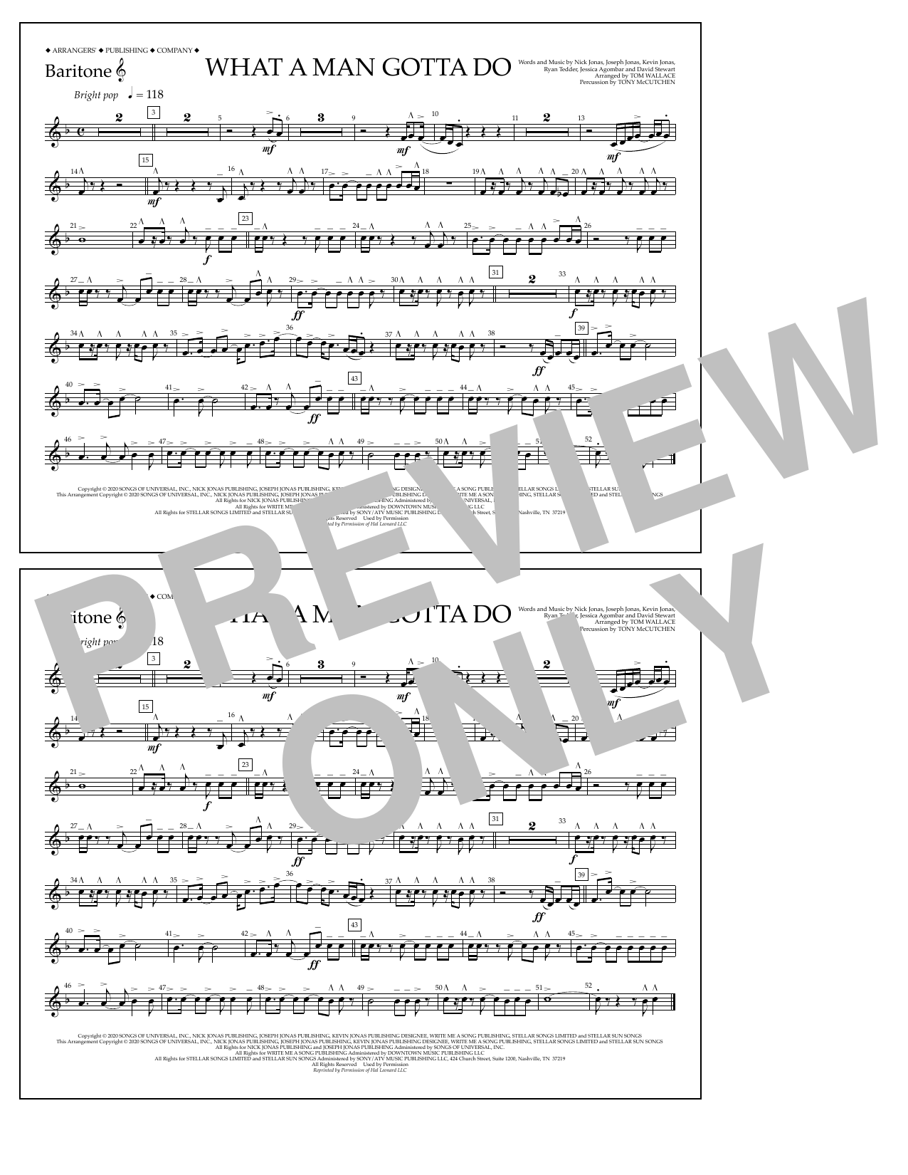 Jonas Brothers What a Man Gotta Do (arr. Tom Wallace) - Baritone T.C. sheet music notes and chords arranged for Marching Band