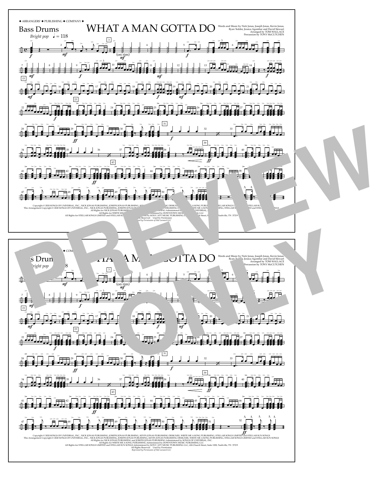 Jonas Brothers What a Man Gotta Do (arr. Tom Wallace) - Bass Drums sheet music notes and chords arranged for Marching Band