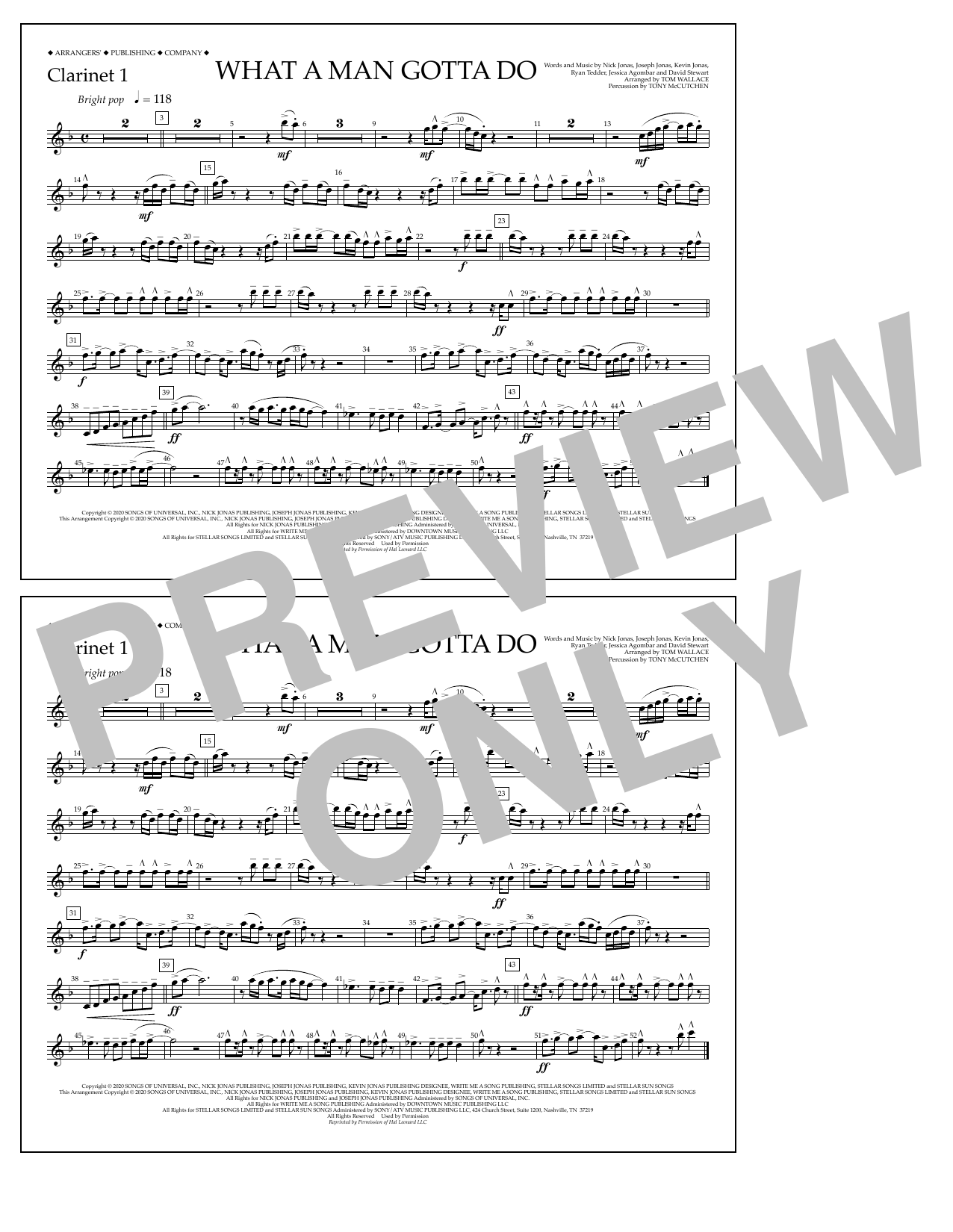 Jonas Brothers What a Man Gotta Do (arr. Tom Wallace) - Clarinet 1 sheet music notes and chords arranged for Marching Band