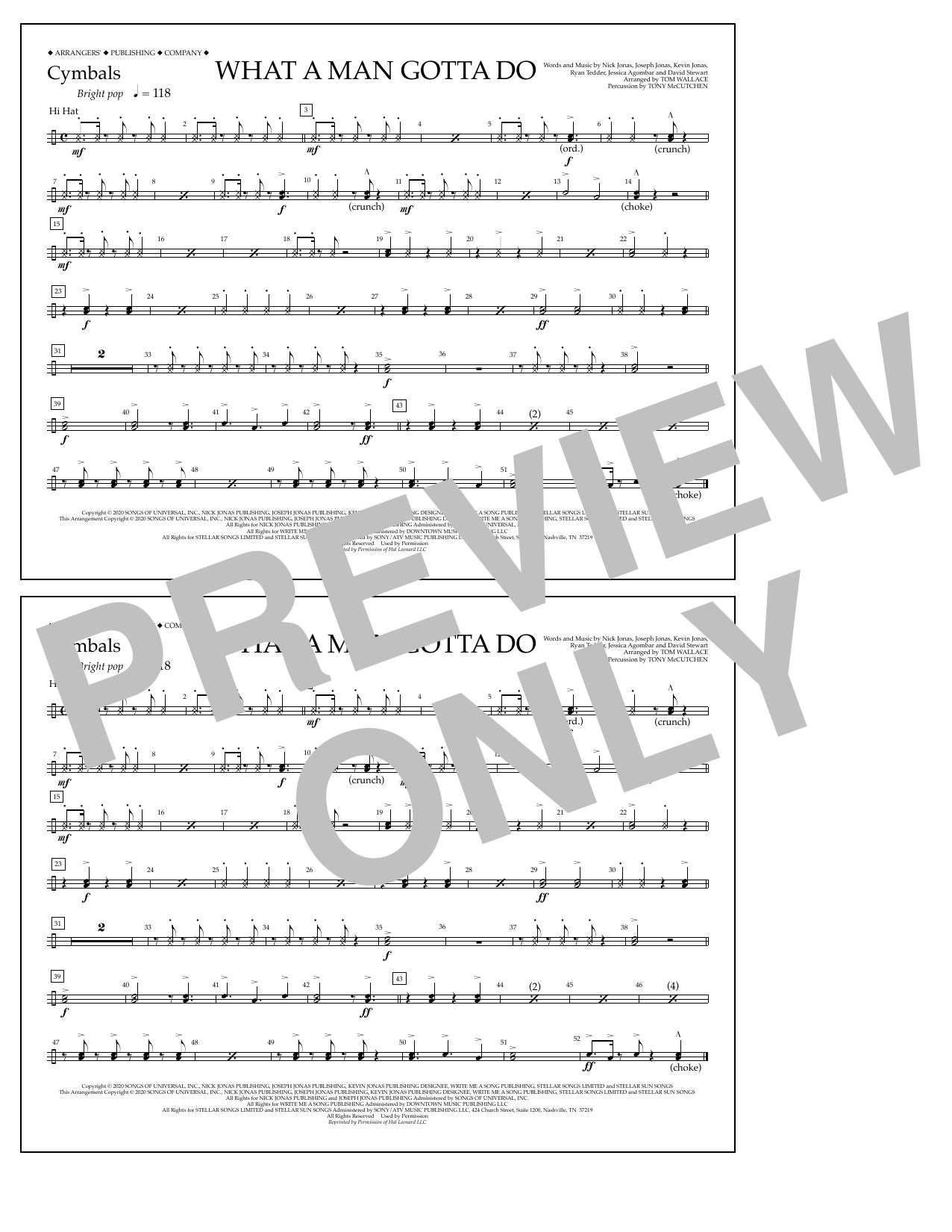 Jonas Brothers What a Man Gotta Do (arr. Tom Wallace) - Cymbals sheet music notes and chords arranged for Marching Band